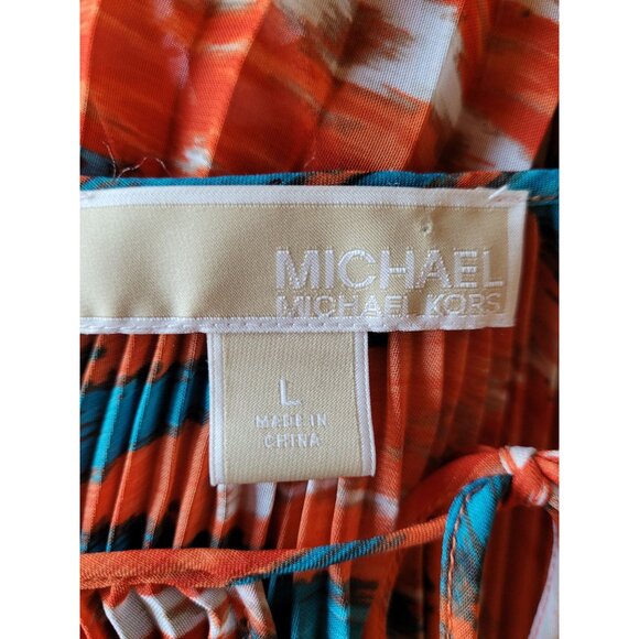 Michael Kors Womens Pleated Crinkle Chiffon Caftan Blouse L Orange & Blue Abstra - Picture 3 of 9